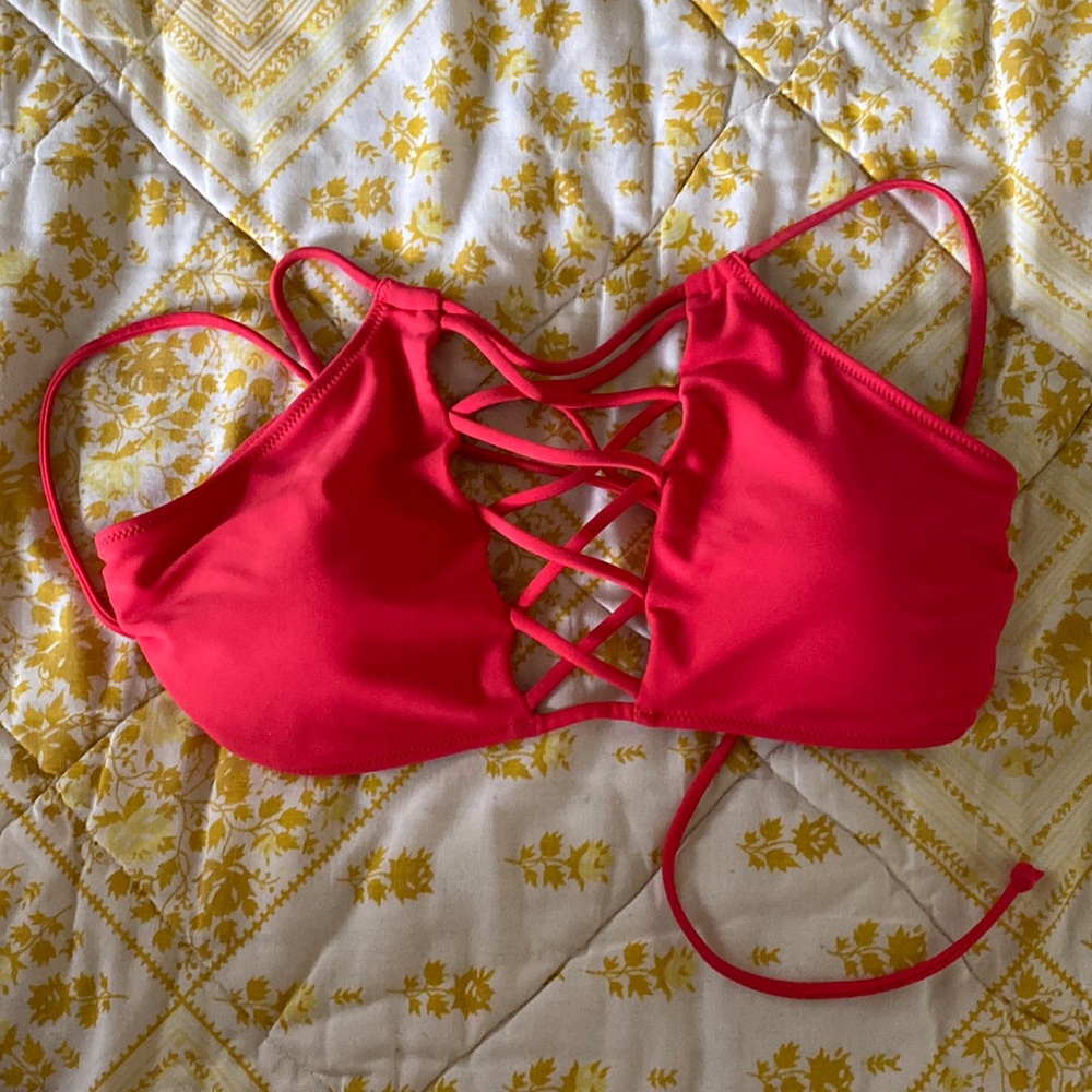 Express red bathing suit top.